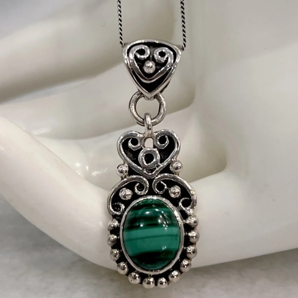 Malachite Sterling Silver Pendant 18” Necklace
